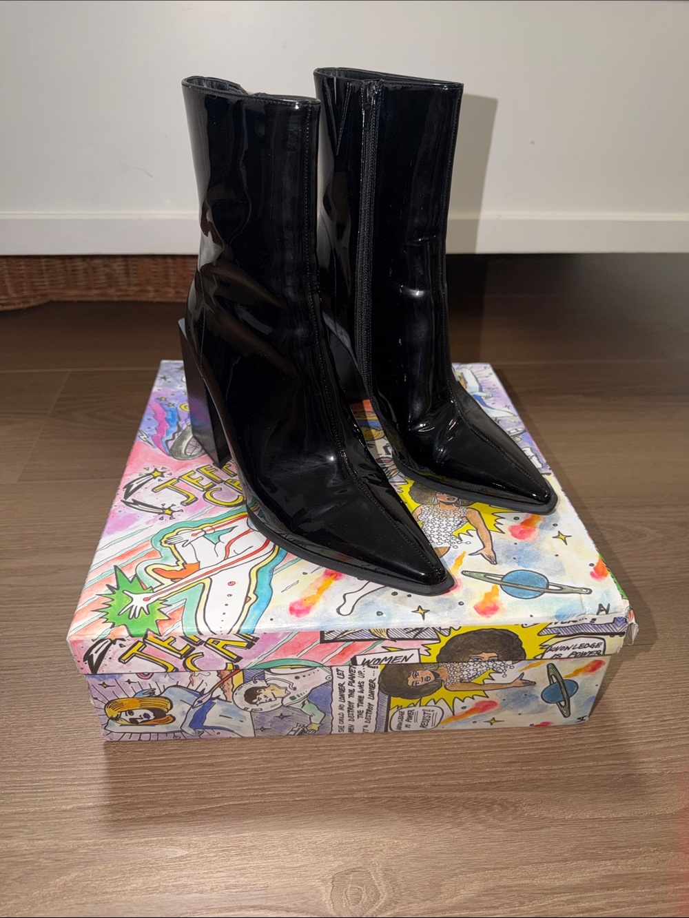Jeffrey Campbell La Siren Black Patent Pointed Toe Ankle Boots - Picture 7 of 7